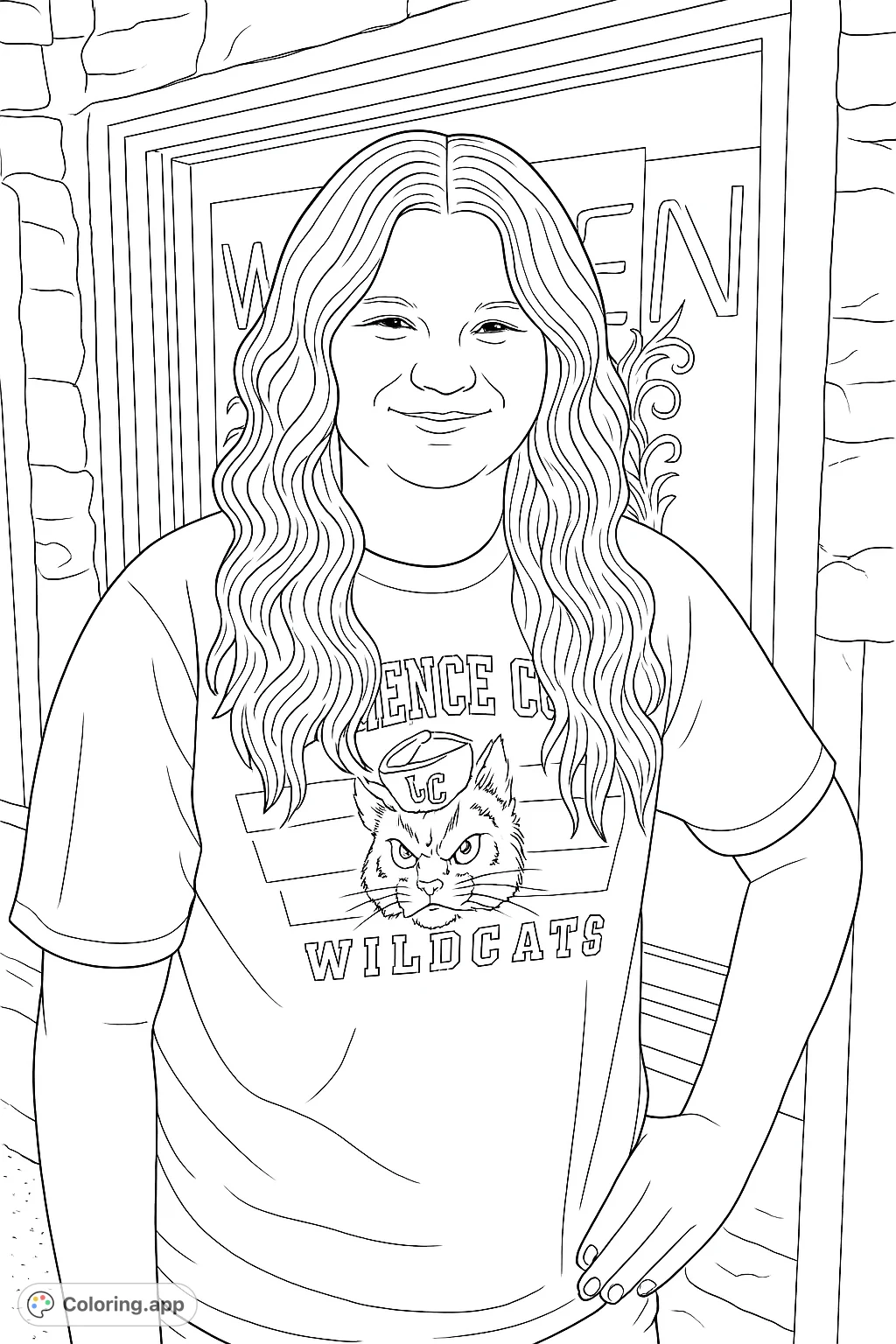 Color this lively scene featuring a smiling person with wavy hair and a cool wildcat mascot t-shirt. Perfect for personalizing school spirit!