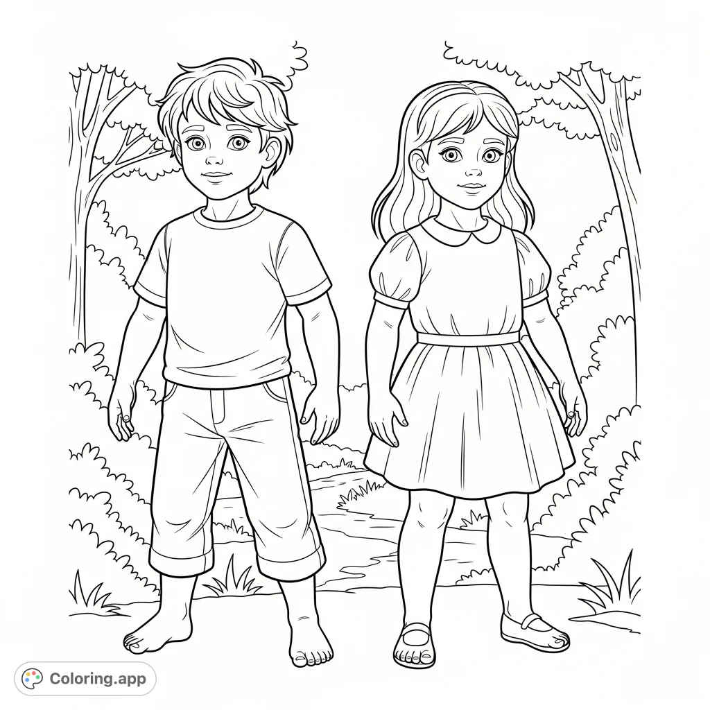 A charming coloring page featuring a boy and a girl standing side-by-side, complete with detailed facial features, hands, feet, and expressive outlines. Perfect for young artists.