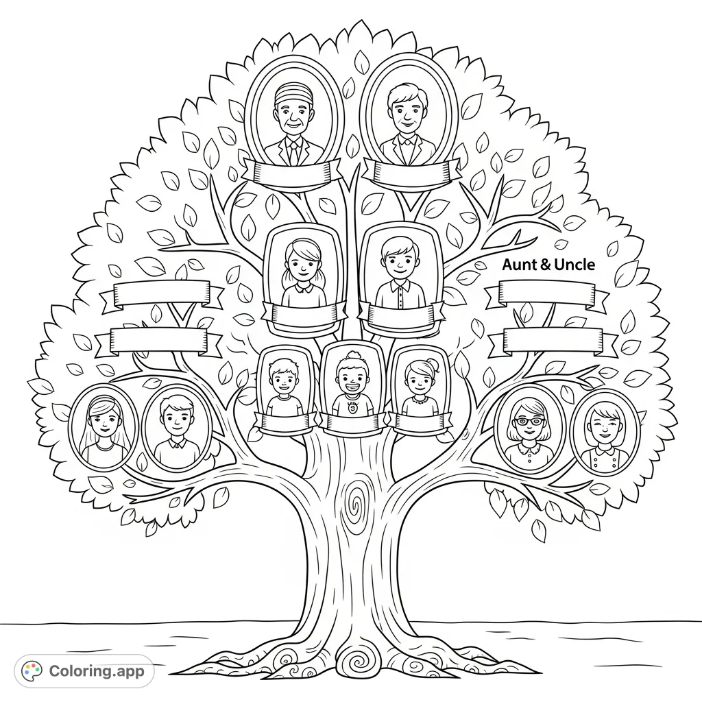 Trace your roots with this detailed family tree coloring page, featuring spaces for grandparents, parents, children, aunts, and uncles. Perfect for all ages.