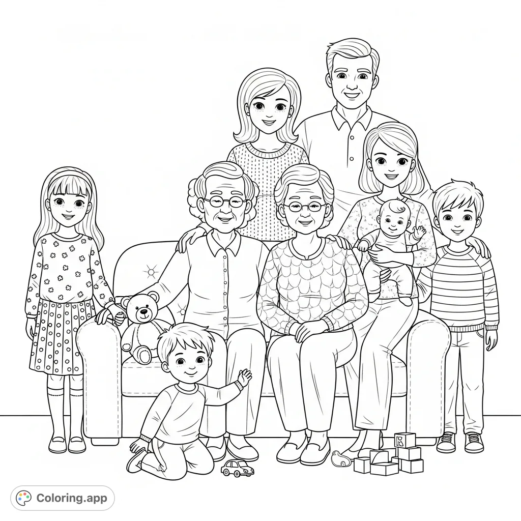 A heartwarming family portrait featuring mom, dad, grandparents, and four children. A beautiful scene celebrating family bonds, perfect for all ages.