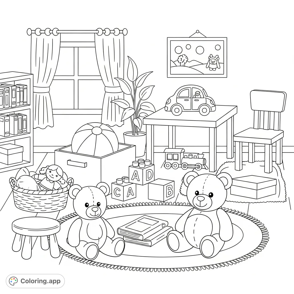 Explore prepositions like in, on, under, and between in a fun playroom scene! This educational coloring page features a teddy bear, toys, and clearly depicted spatial relationships.