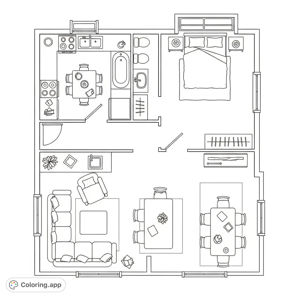 Explore and color this charming house floor plan featuring a kitchen, bedroom, bathroom, and living/dining area with essential furniture. Perfect for young artists!
