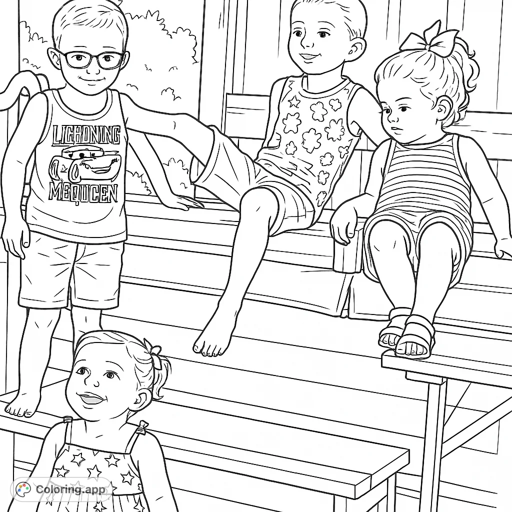 A delightful scene with four children playing happily around a hot tub. Perfect for family-themed fun and capturing joyful moments.