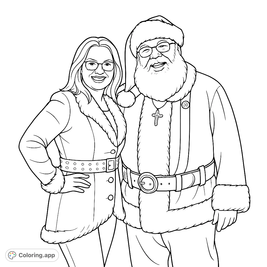 A festive coloring page featuring Santa Claus and a cheerful companion, perfect for spreading holiday cheer with detailed outfits and accessories.