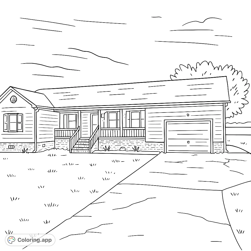 An inviting single-story home with a wide porch and attached garage, nestled amidst a spacious lawn and open fields, perfect for detailed coloring.