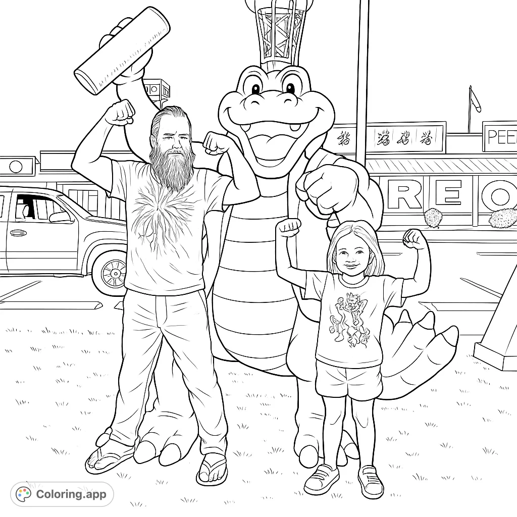 Capture a playful moment with a man, a girl, and a flexing reptilian statue at an amusement park. Perfect for a fun, outdoor adventure scene!