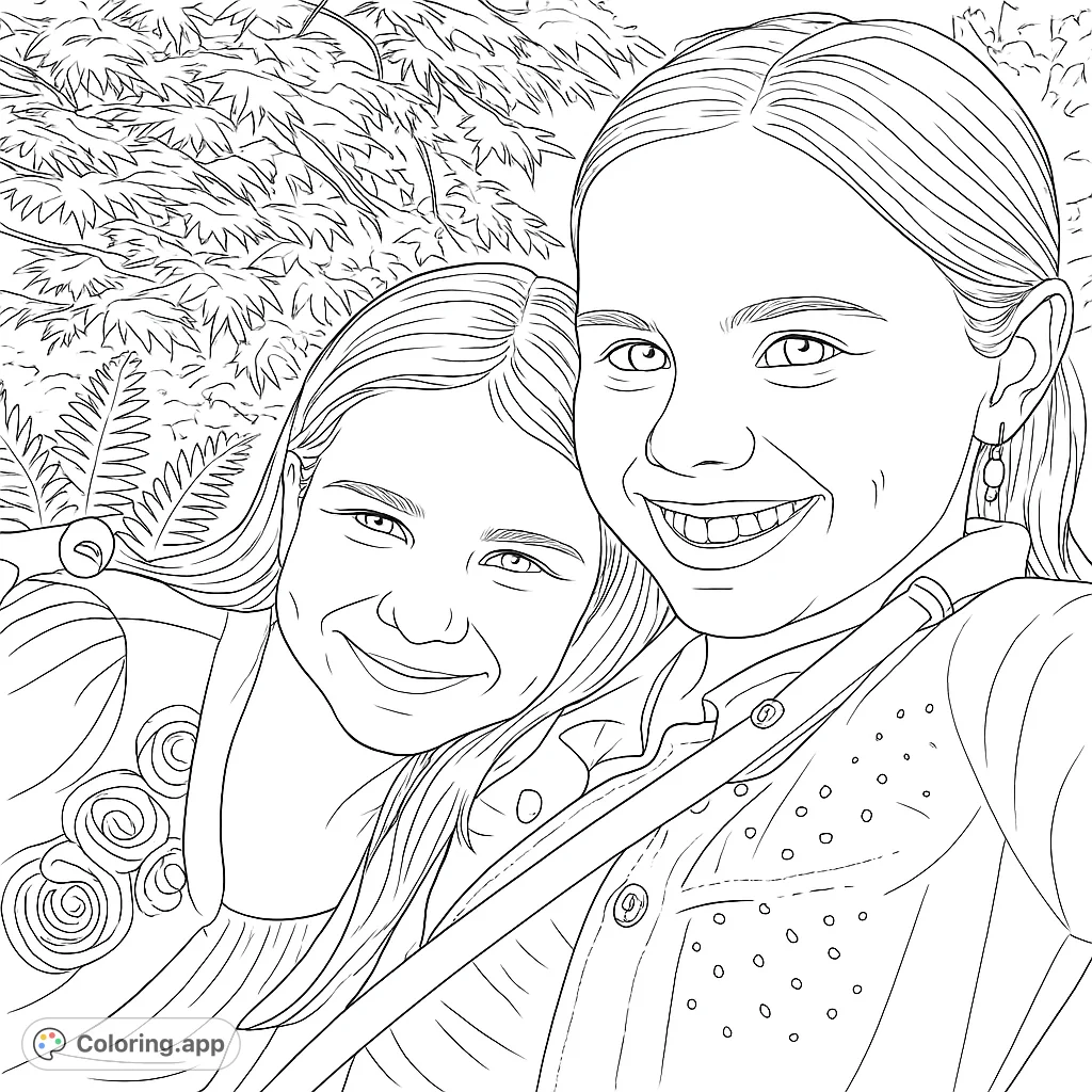 Two happy girls pose closely, smiling warmly for a portrait amidst lush garden foliage. A heartwarming scene of friendship or sisterhood for all ages.