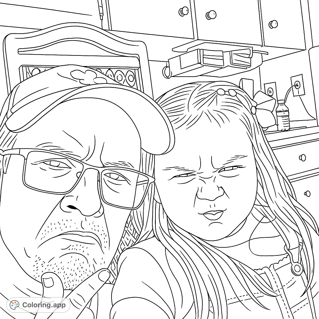Capture a heartwarming moment of a man and a young girl making playful, scrunched faces. A fun and expressive coloring page for all ages.