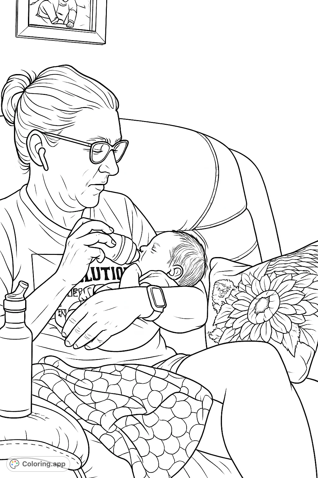 A heartwarming scene of an adult gently bottle-feeding an infant, surrounded by comforting home elements. Perfect for a nurturing moment.