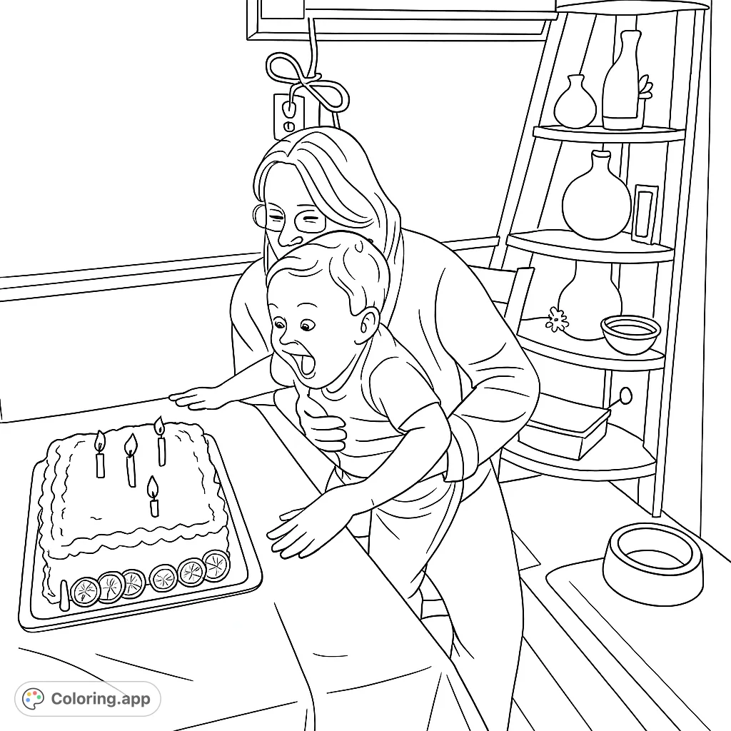 Celebrate a special moment with this birthday cake coloring page! An adult holds a child, full of wonder, gazing at a delicious cake with lit candles.