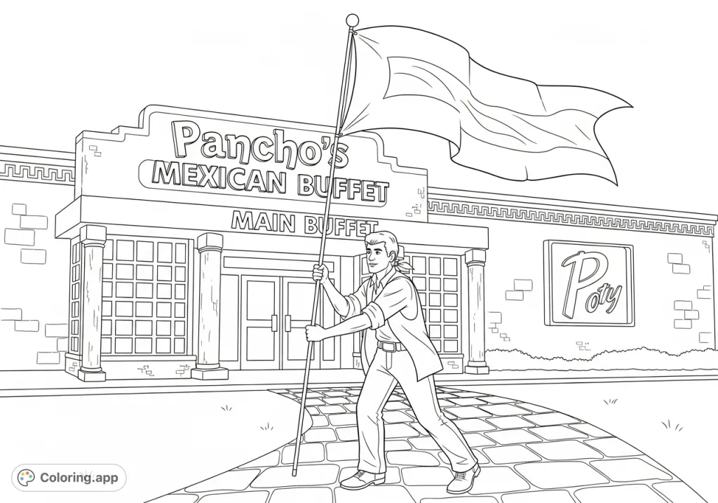 Iconic Kody Brown actively raising a flag before the distinct Pancho's Mexican Buffet building. A detailed free printable coloring page for fans.