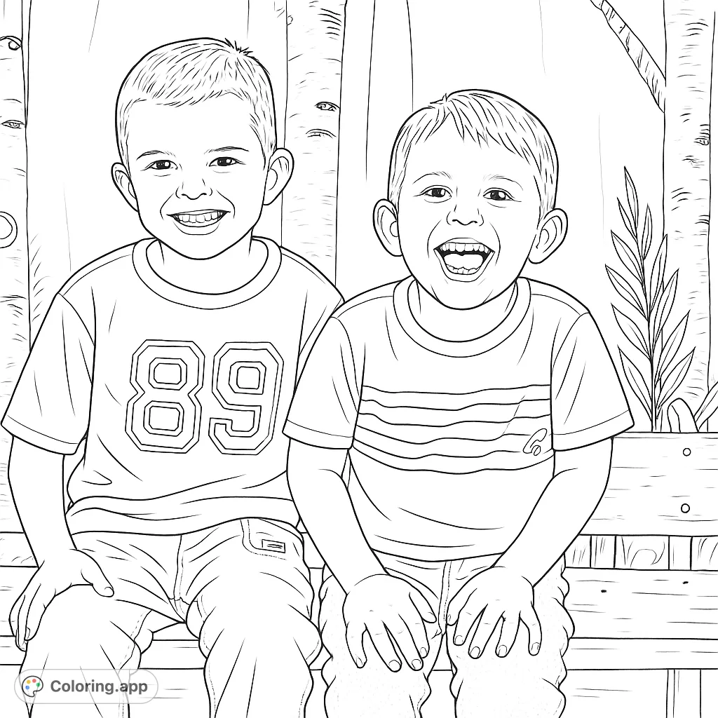 Two cheerful boys sitting on a bench against a tree-themed backdrop, one smiling, the other laughing. A heartwarming kids coloring page.