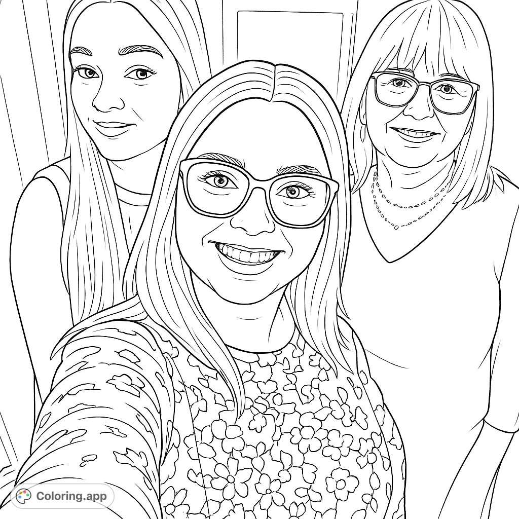 Capture cherished memories with this family portrait coloring page. Three smiling women, featuring intricate lace detail, perfect for personalization and celebrating connections.
