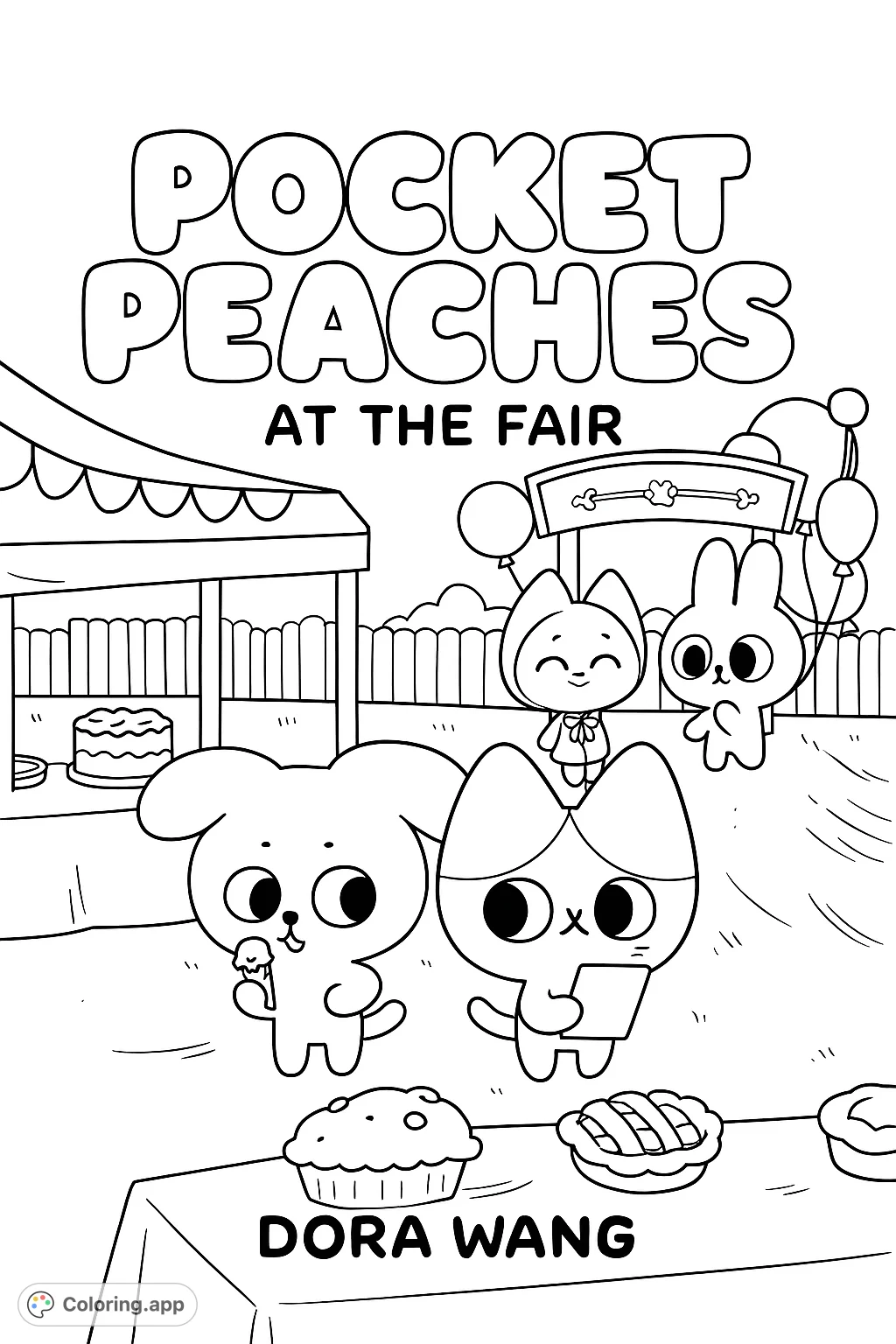 Adorable animal friends enjoying a bustling fairground with treats, games, and rides, ready for creative coloring fun.