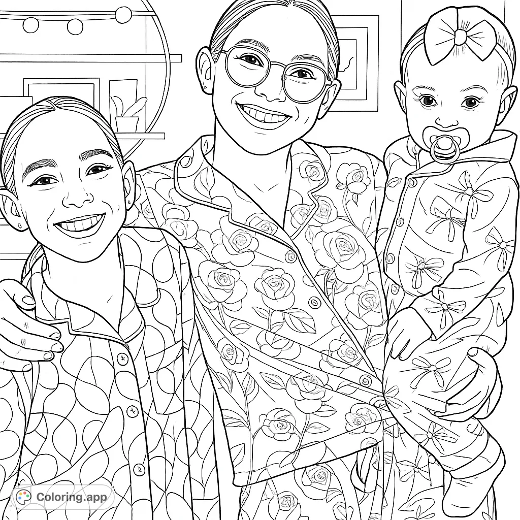 Three happy sisters of different ages, including a baby, pose together in their patterned pajamas. A heartwarming scene ready for intricate coloring fun.
