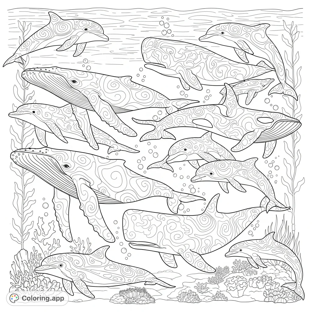 Explore an enchanting underwater world with this detailed coloring page featuring a collage of majestic whales and playful dolphins amidst intricate light patterns. Perfect for ocean lovers!