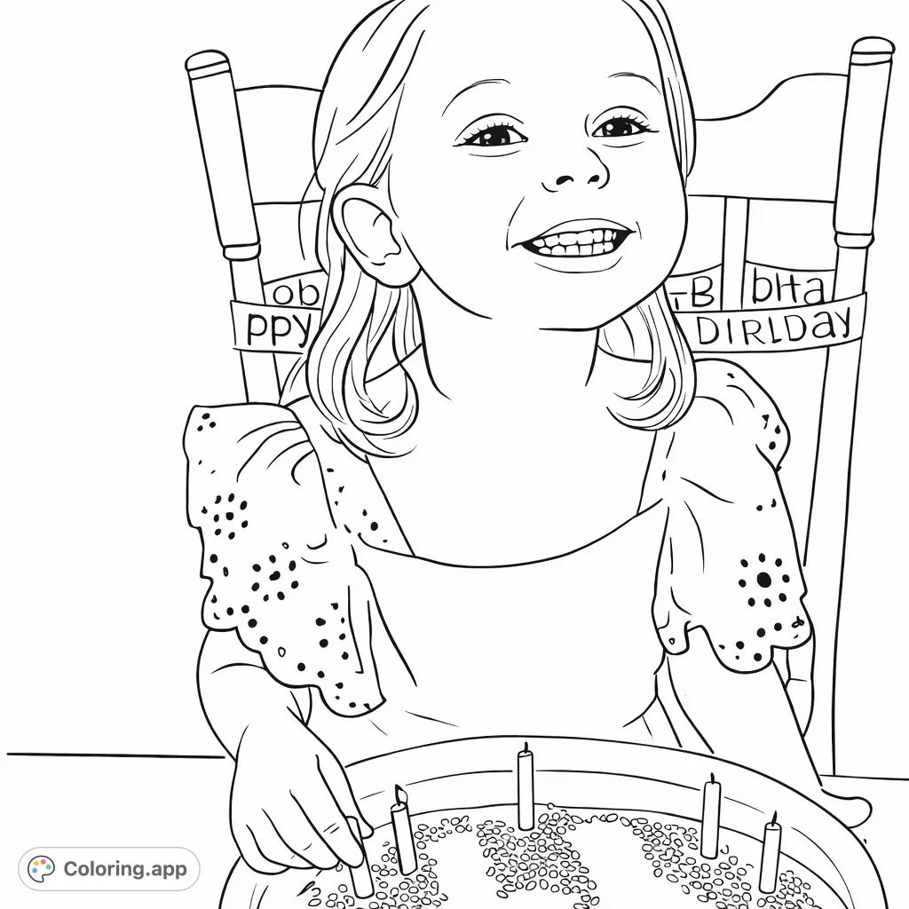 A delightful child smiling, ready to enjoy a festive dessert with candles. This free printable birthday coloring page captures a moment of joy.