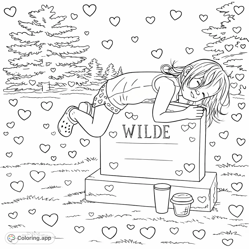 A delightful and simple coloring page featuring a child playfully leaning on a stone marker, surrounded by hearts and nature. Perfect for young colorists!