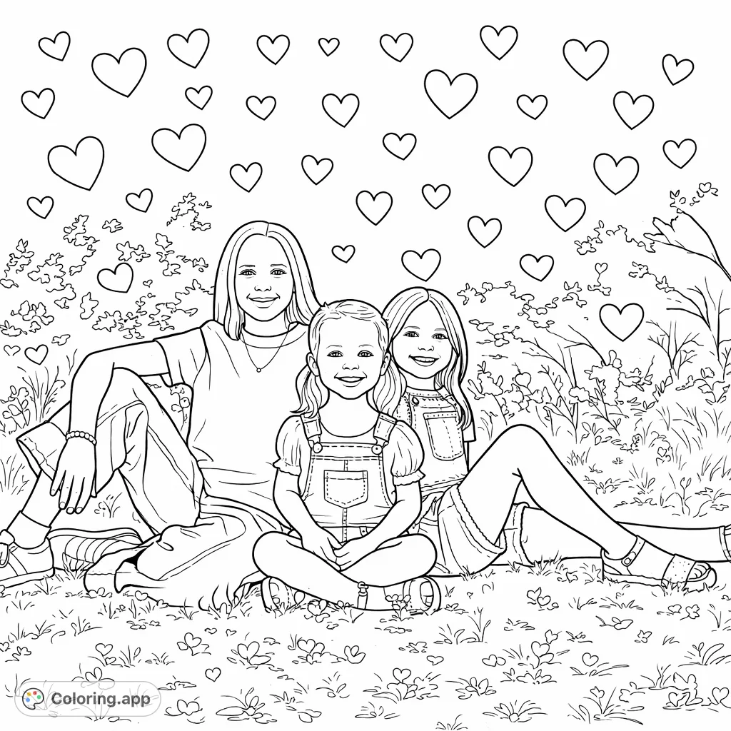 A delightful happy sisters coloring page, free printable coloring page, perfect for kids. Features three smiling girls amidst simple outdoor scenery.