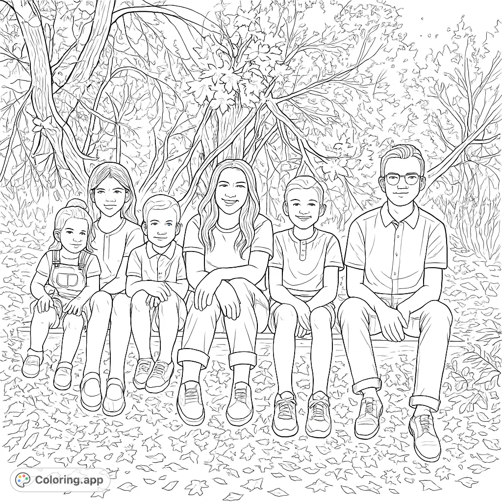 A delightful family coloring page featuring six smiling children seated in nature, surrounded by beautiful autumn foliage and trees.
