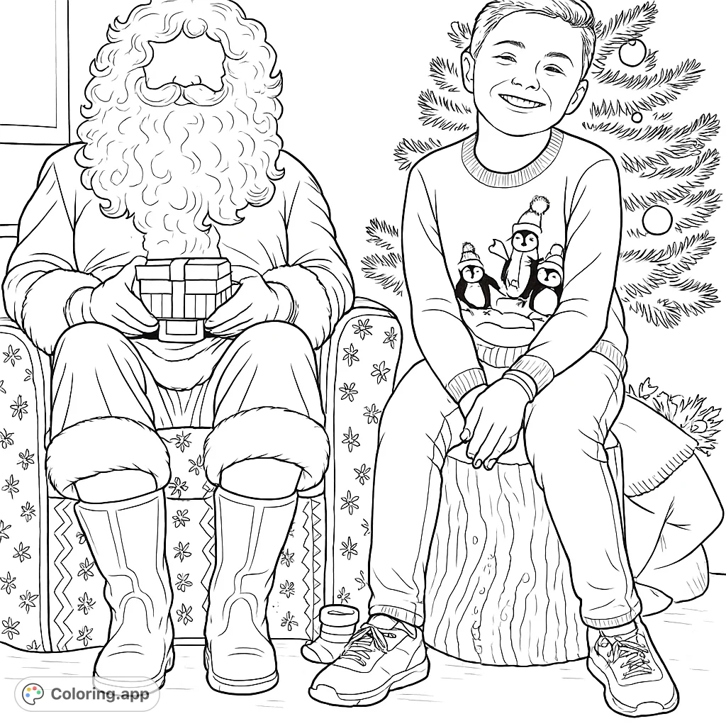 A joyous holiday scene featuring Santa Claus holding a gift basket, alongside a smiling child, with a decorated Christmas tree in the background.