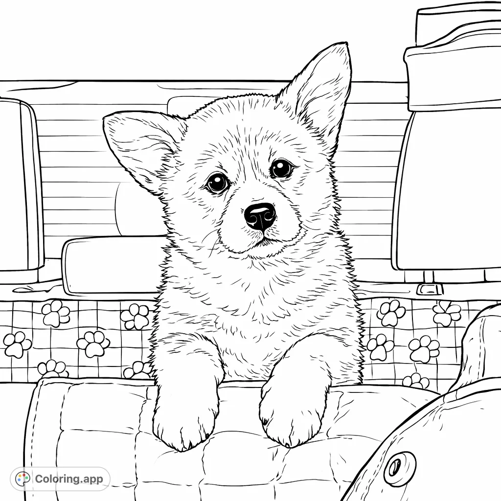 Discover an adorable corgi puppy portrait, its fluffy form and curious gaze ready for your creative touch. A charming scene for all ages to color and enjoy.