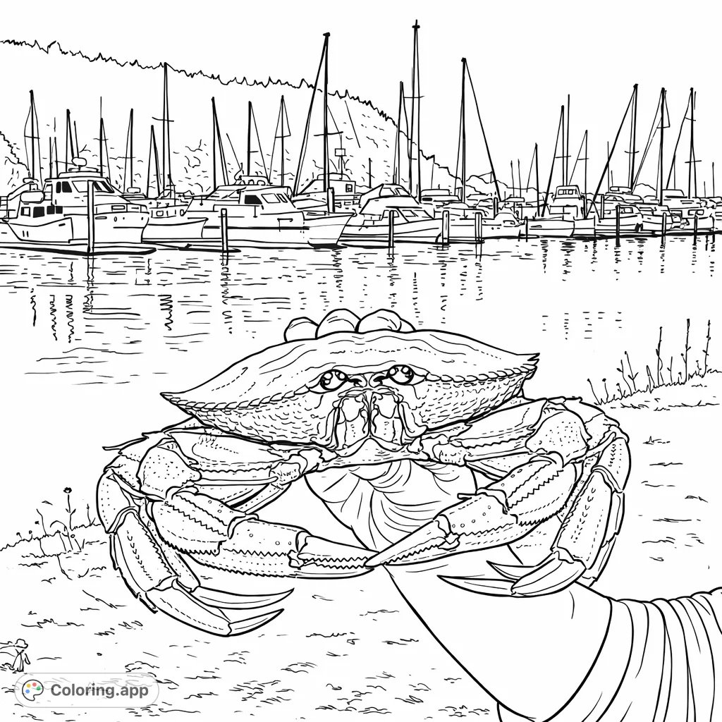 Capture a striking crab in hand against a bustling marina background, featuring boats, towering masts, and a distant treeline. A detailed marine life coloring page.