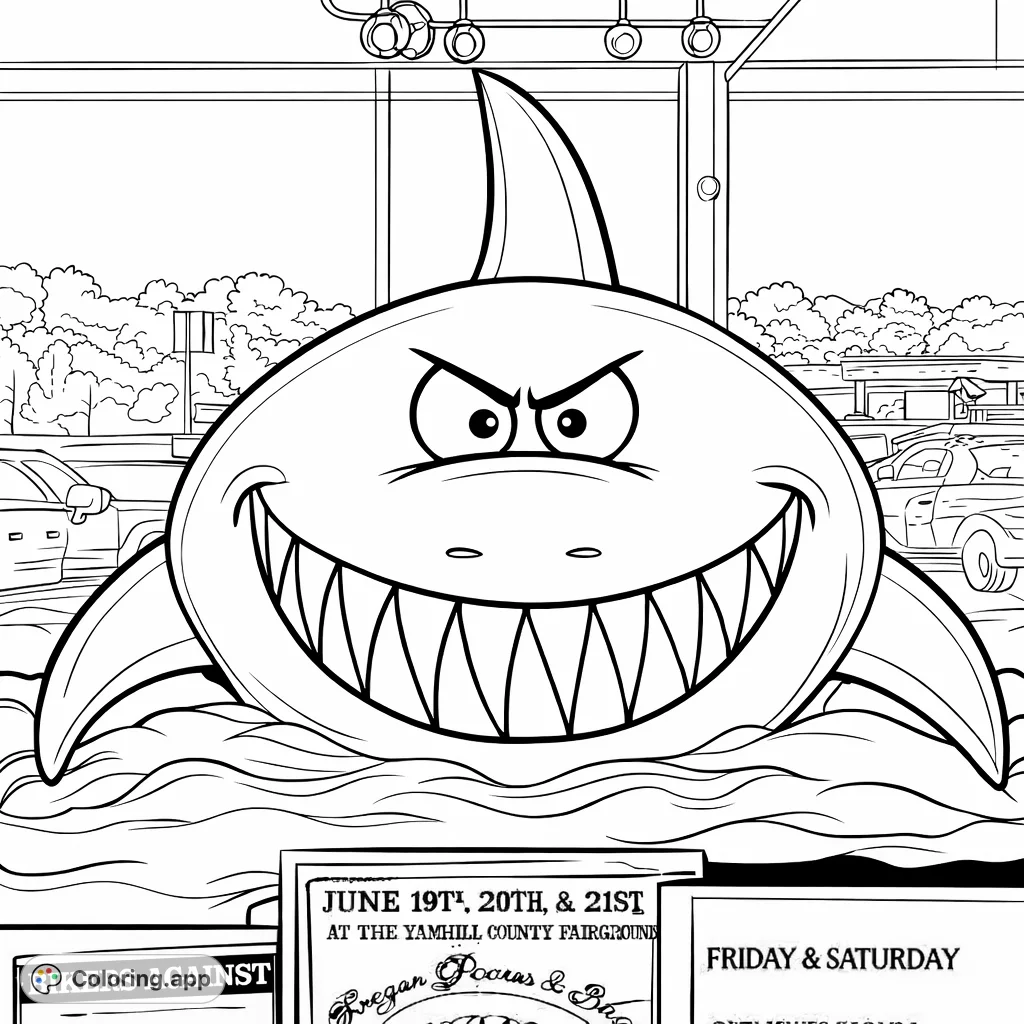 A fun, cartoon shark with a huge grin and sharp teeth emerges from the water, ready for a playful coloring adventure.