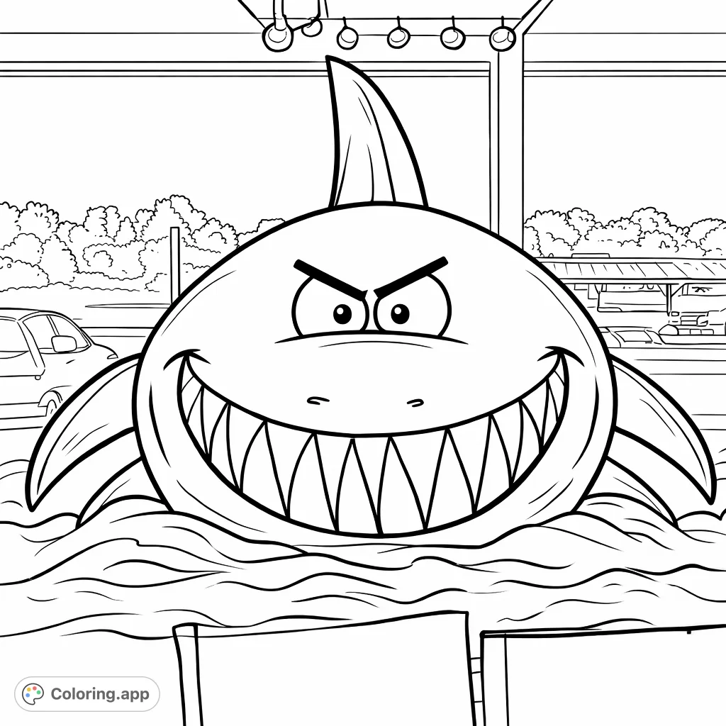 A fun, mischievous shark with a wide grin and sharp teeth emerges from dynamic waves, ready for an exciting coloring adventure! Perfect for all ages.