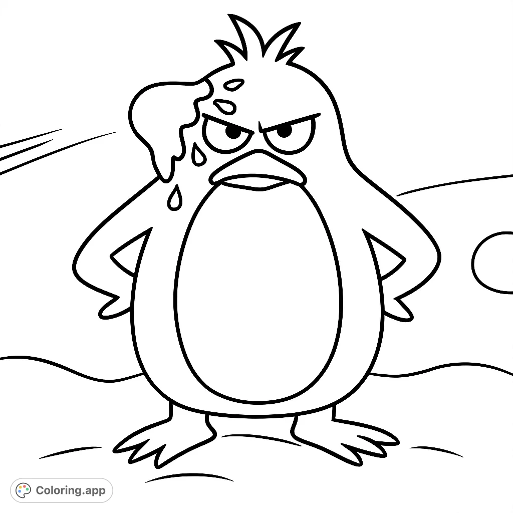 Color a charming yet grumpy penguin, complete with melting snow on its head and a sassy stance. Perfect for a fun, expressive coloring challenge!