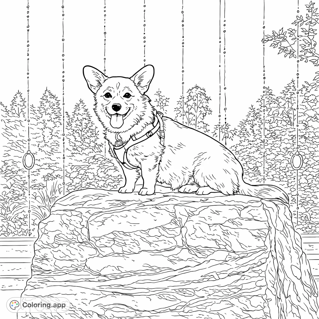 A cheerful corgi dog sits happily on a large, textured rock amidst a lush garden scene. This adorable Corgi coloring page is perfect for all dog lovers!