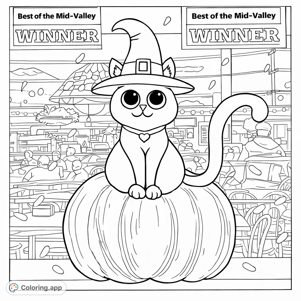 A charming cat in a witch hat perched atop a festive pumpkin, perfect for fall and Halloween enthusiasts. A whimsical scene ready for your creative touch.