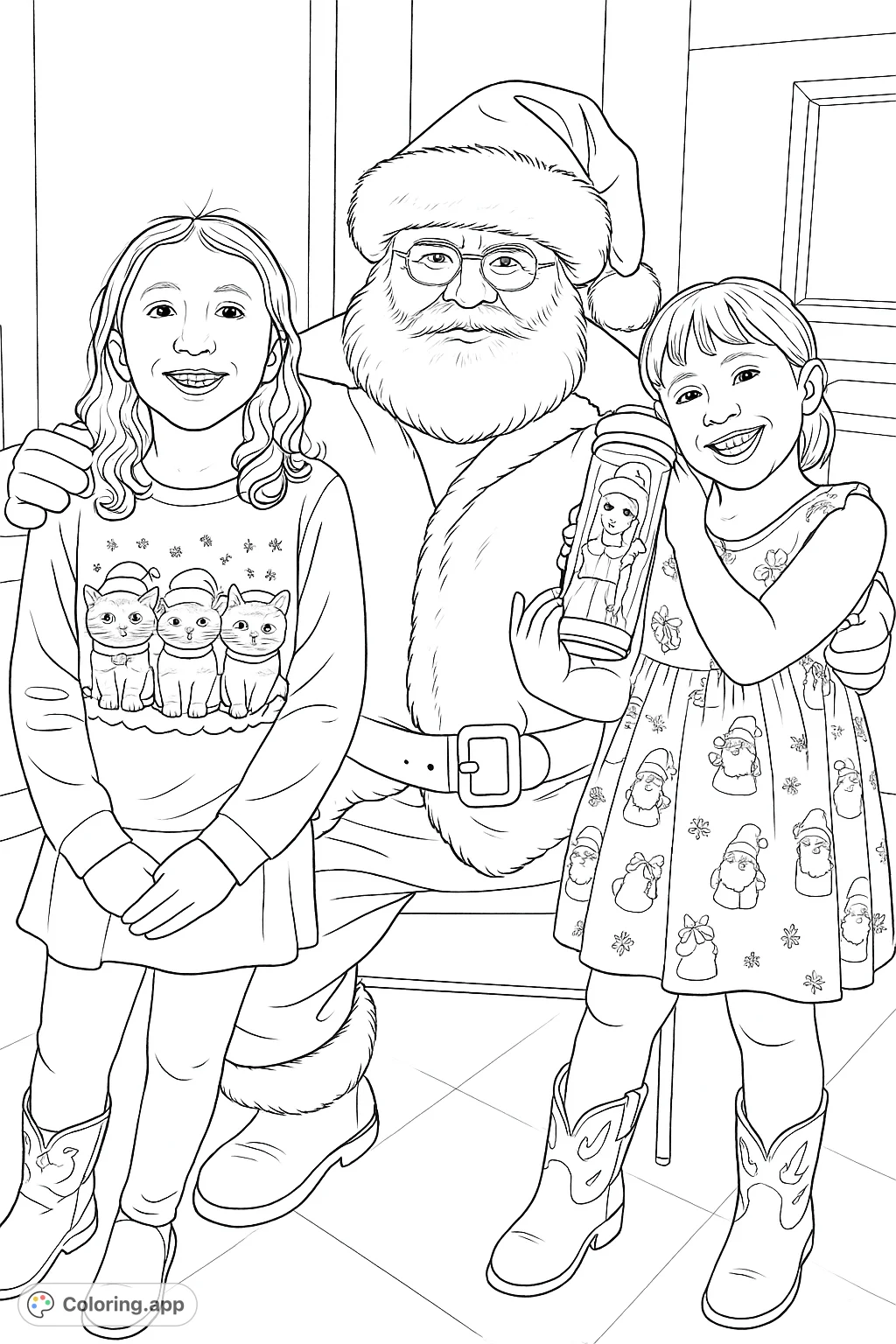 A heartwarming Christmas scene featuring Santa with two cheerful children, perfect for spreading holiday cheer with detailed outfits and joyful expressions.