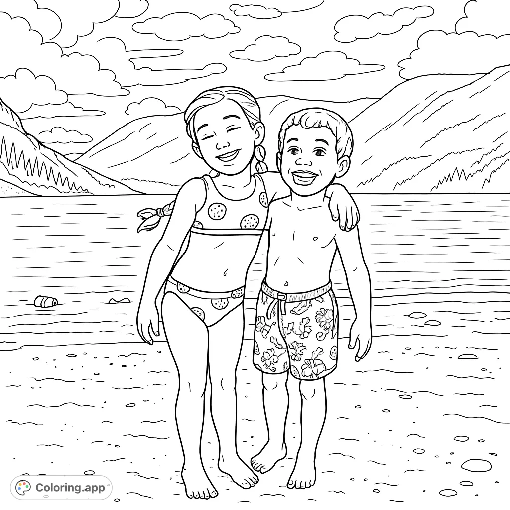 A heartwarming lakeside scene featuring two smiling children embracing on the shore. Enjoy coloring this joyful moment with mountains and a vast lake in the background.