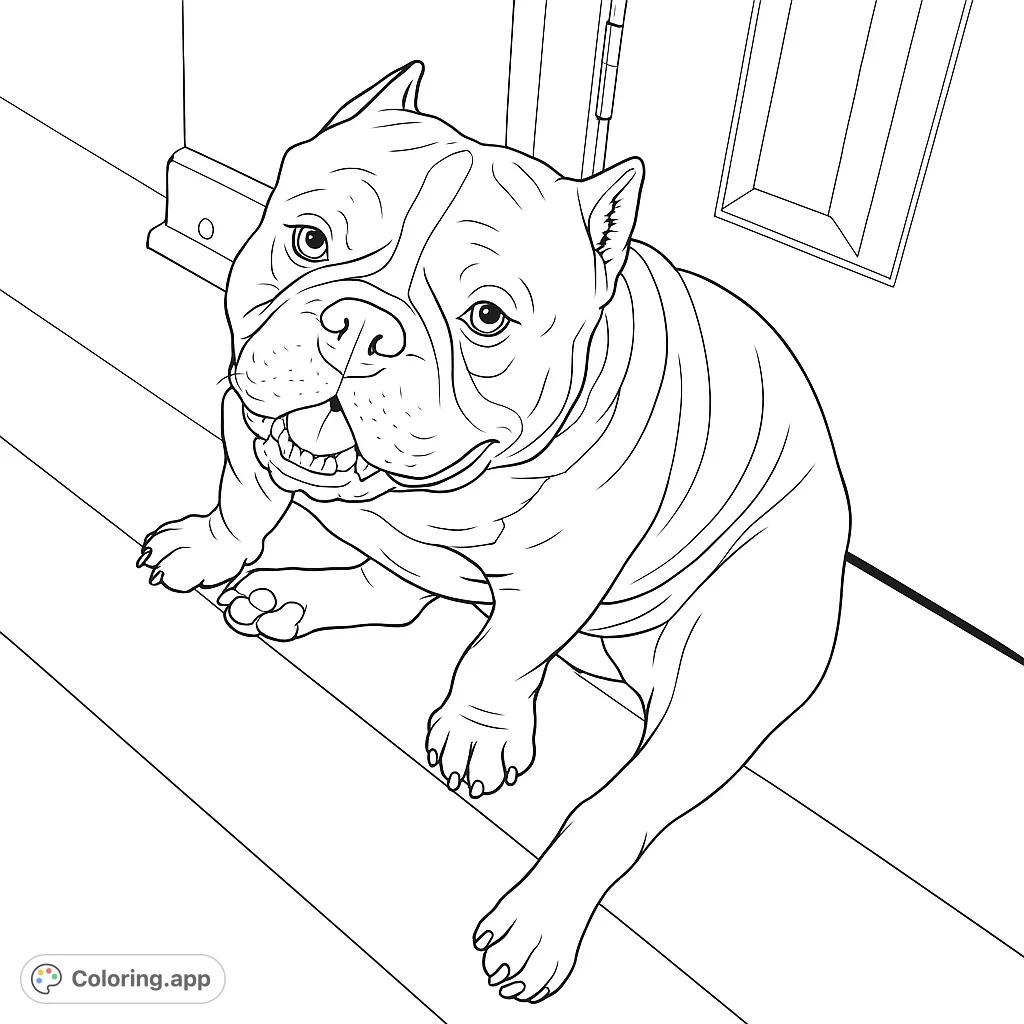 Capture the charming gaze of this muscular bully dog. A detailed coloring page featuring a distinctive pet sitting playfully on a wooden floor.