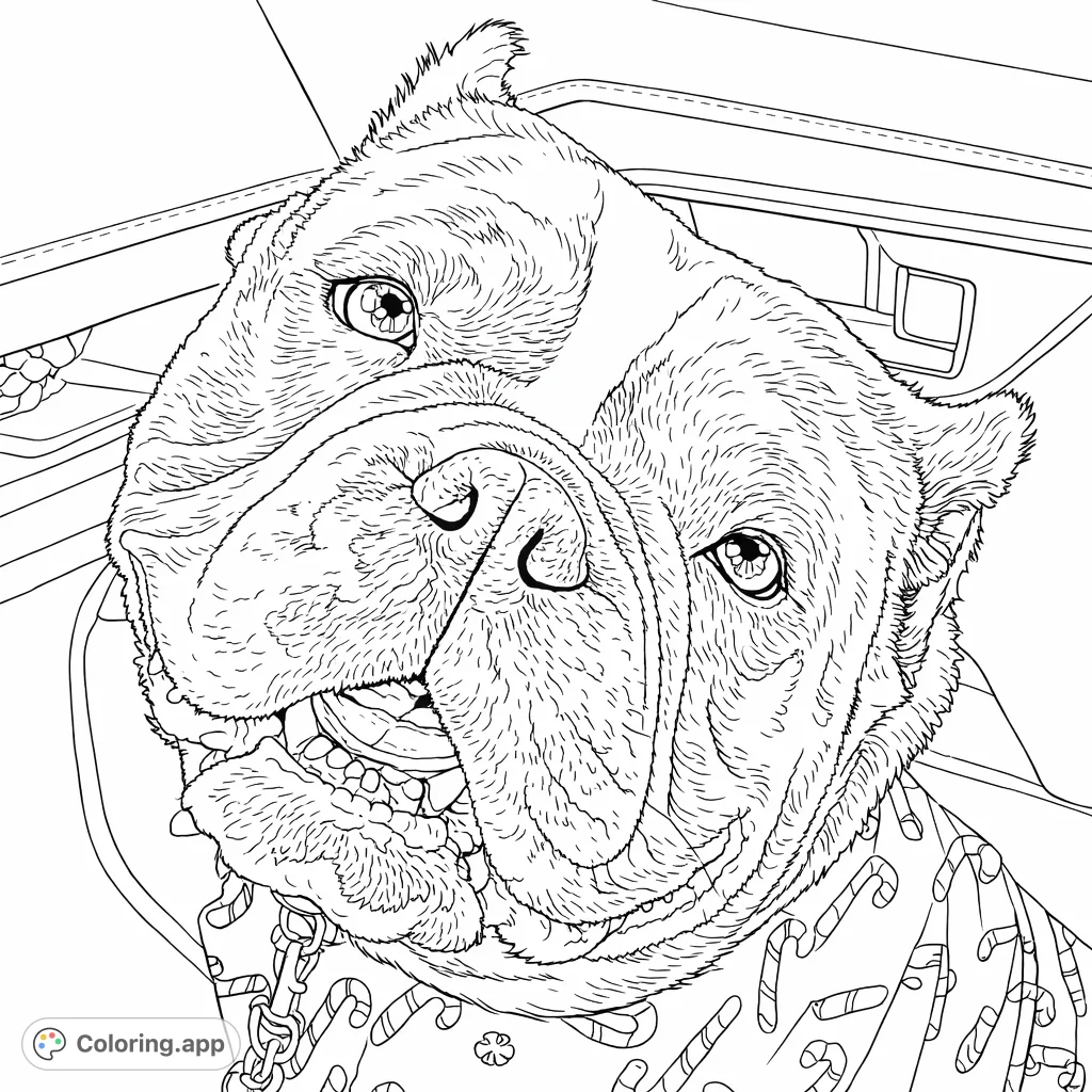 A charming dog in a festive patterned outfit, ready for a fun coloring adventure. Features detailed wrinkles and an expressive face.