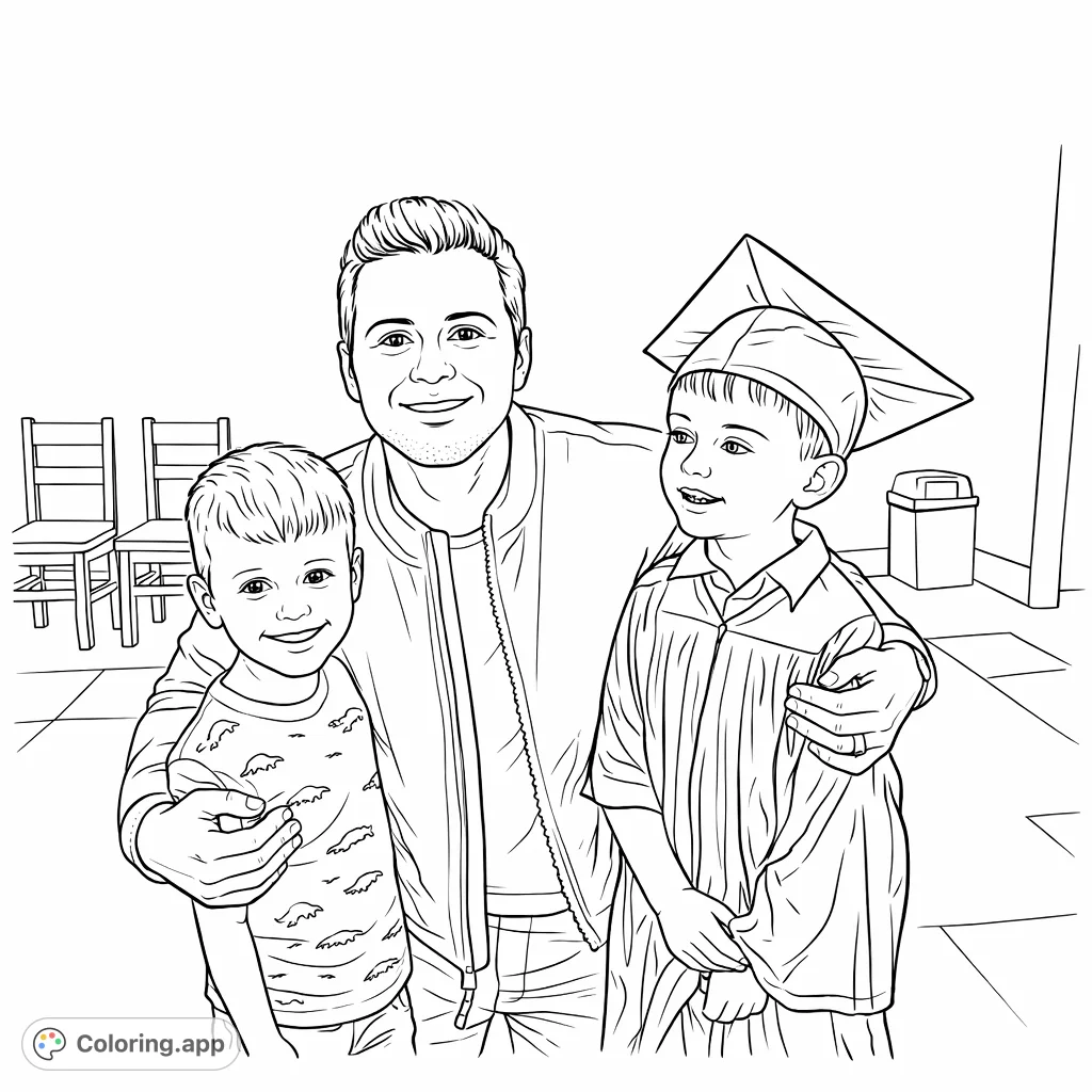 Capture a heartwarming family moment with a proud dad and his two sons, one celebrating a graduation in cap and gown, perfect for a special keepsake.