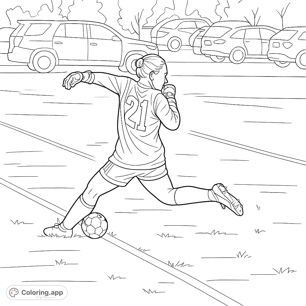 Capture the intensity of a soccer goalie in mid-kick. This dynamic coloring page features a player with detailed uniform on a field.