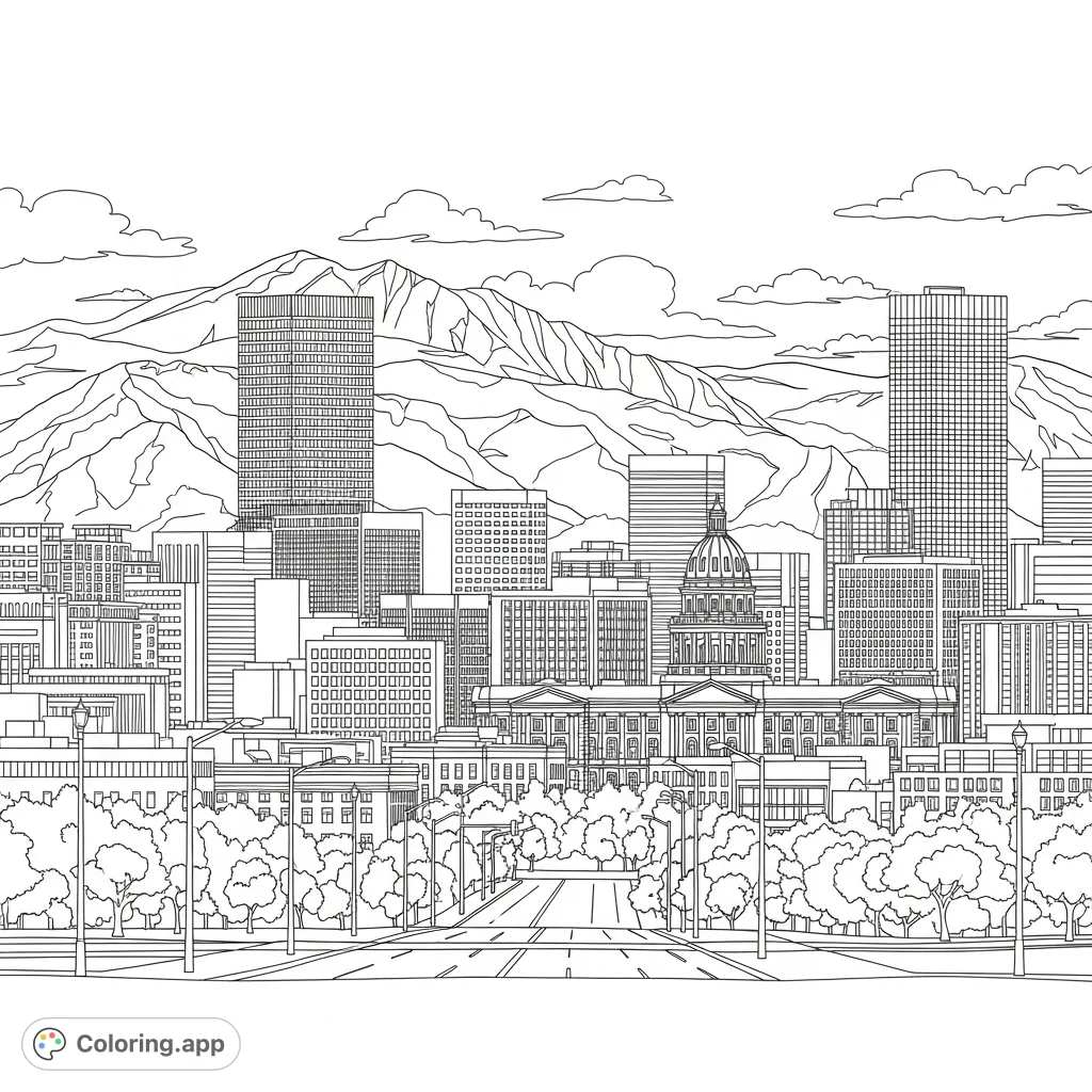 Capture the majestic Denver Colorado skyline against the dramatic Rocky Mountains. This free printable coloring page blends urban architecture with natural beauty.