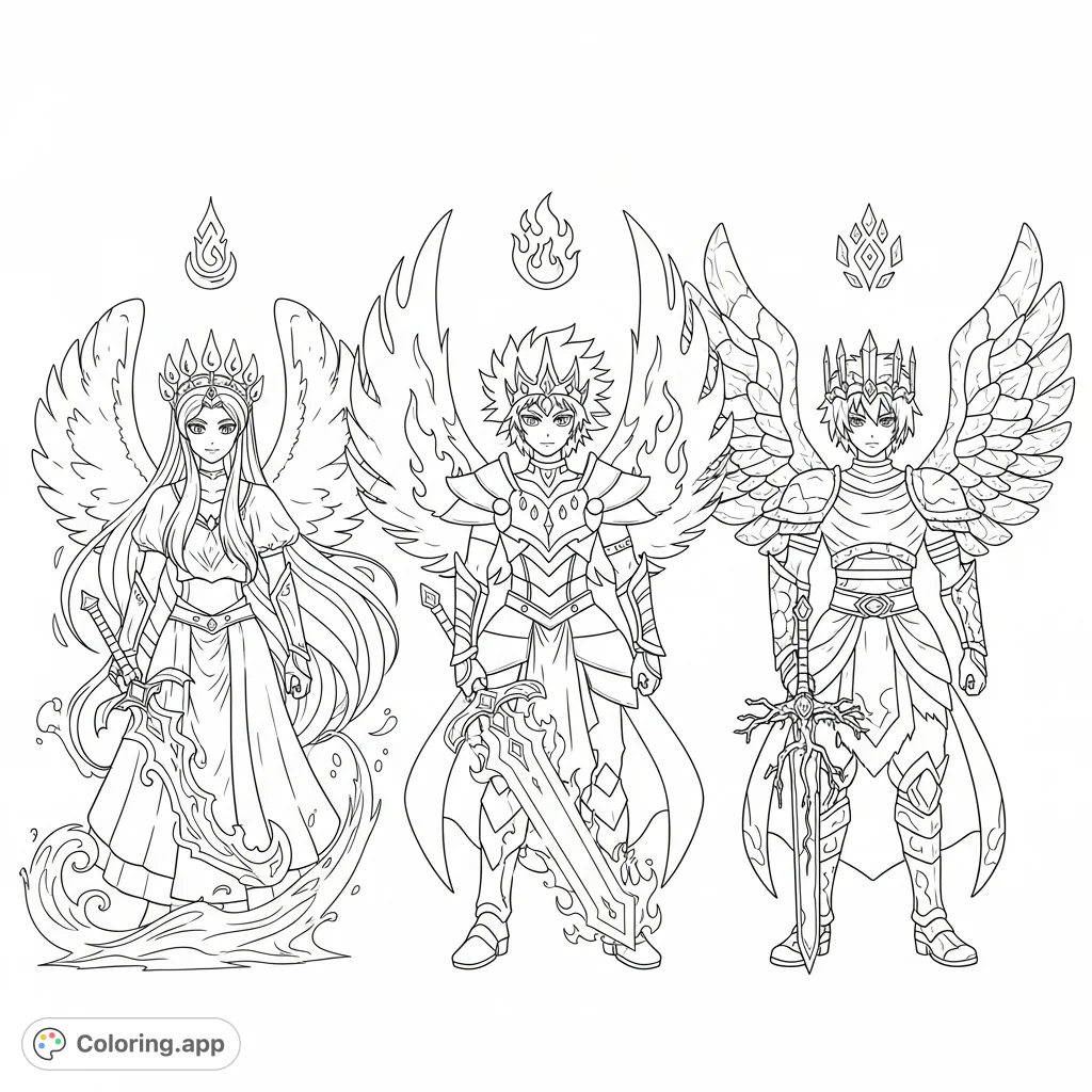 Three majestic anime characters embodying water, fire, and earth, each with wings, a crown, and a sword. Fantasy adventure awaits your colors!