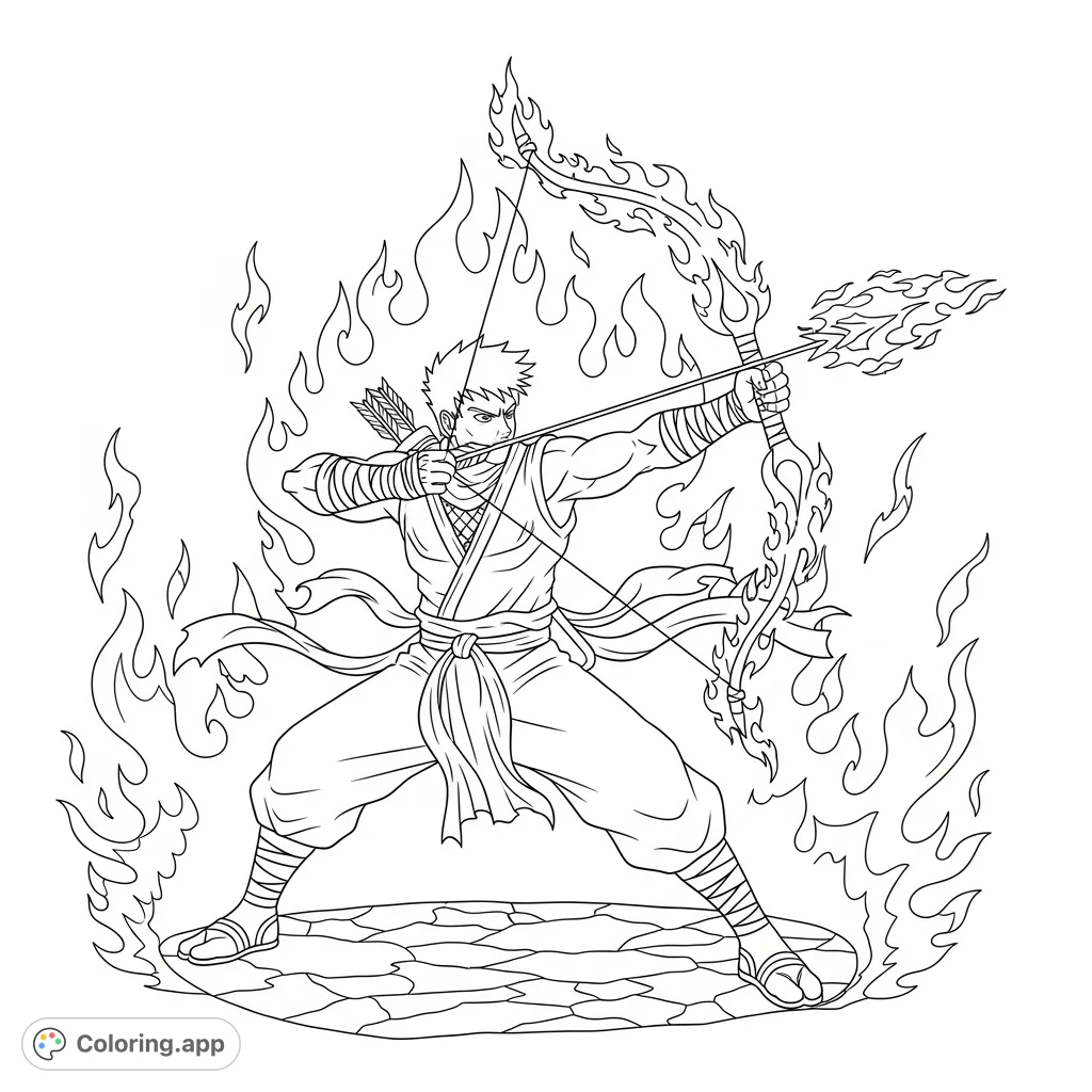 Experience an intense fire elemental warrior in ninja gear, poised with a flaming bow and arrow, surrounded by dynamic elemental energy. An epic fantasy coloring page.
