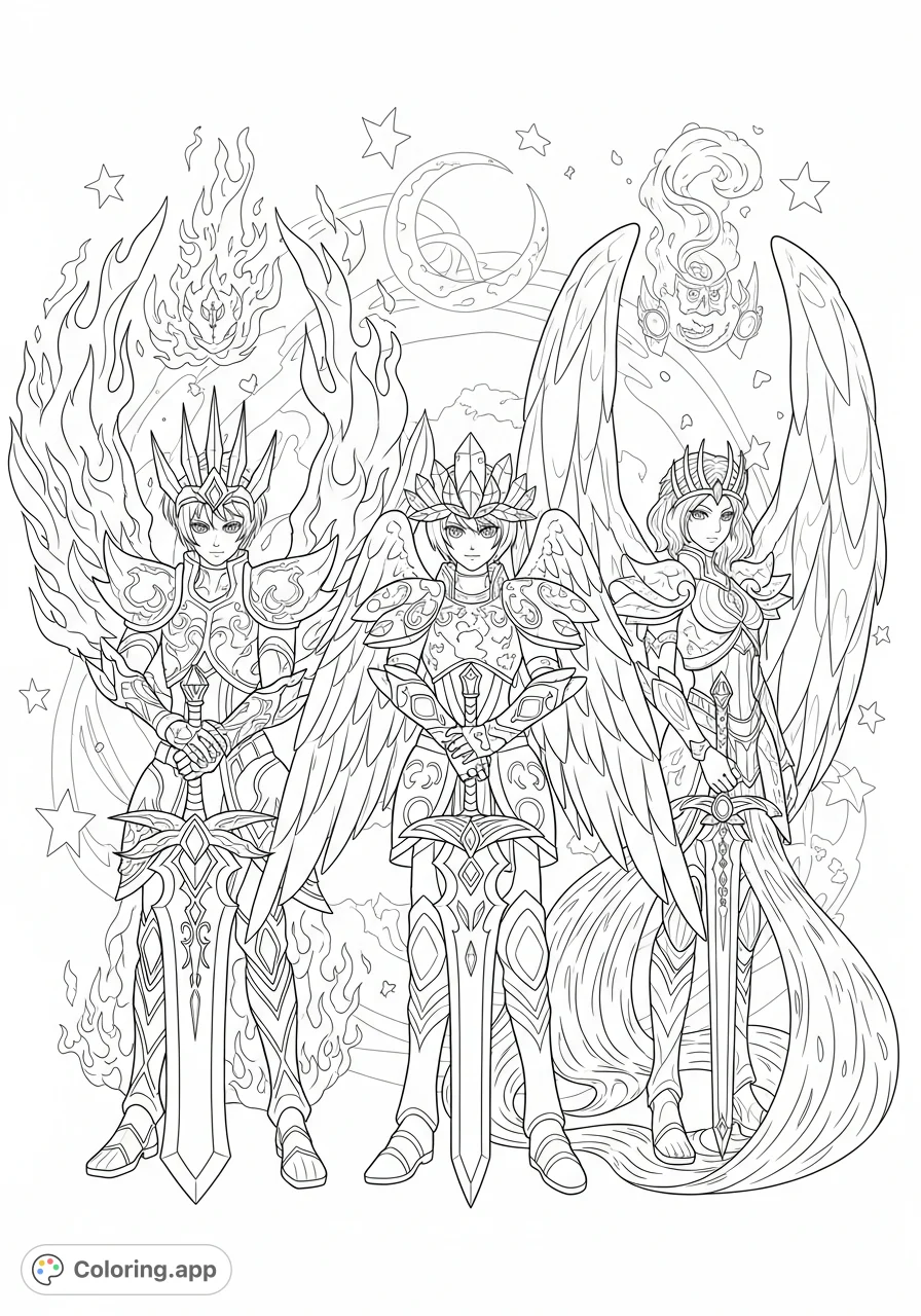 Three powerful elemental fantasy characters stand poised, each with majestic wings, a regal crown, and a formidable sword, embodying fire, earth, and water.