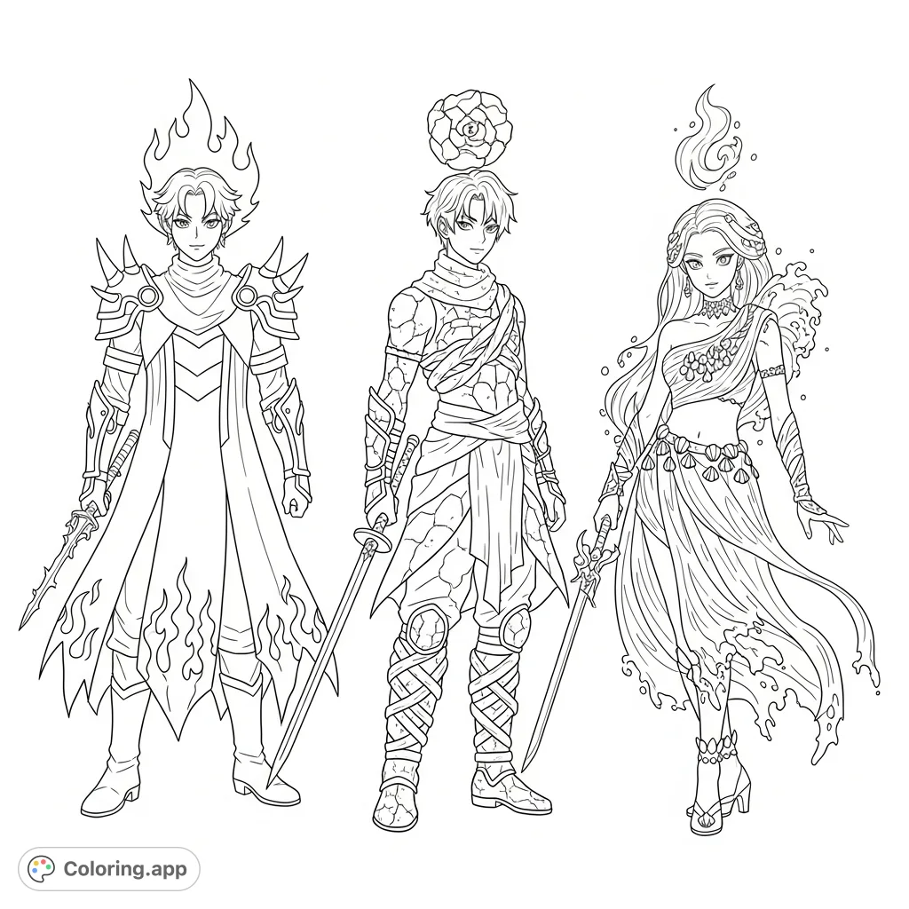 Unleash your creativity with K-Pop demon hunters! Featuring three characters with detailed costumes representing fire, earth, and water elements for exciting coloring.