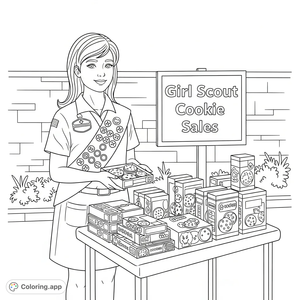 A cheerful girl scout proudly sells her cookies at a stand, complete with an inviting sign and stacks of delicious treats.