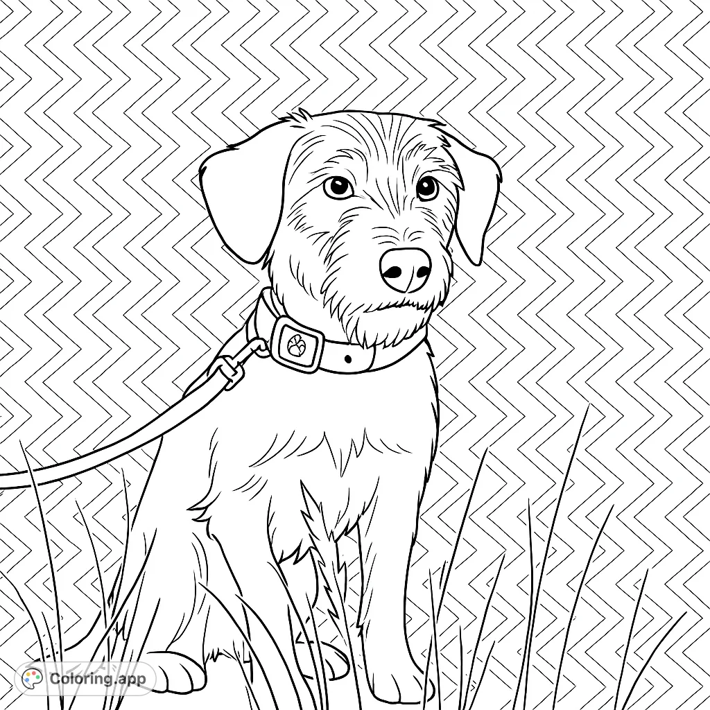 A realistic dog coloring page featuring a scruffy terrier sitting in tall grass with a zigzag background. A free printable coloring page for kids to enjoy!