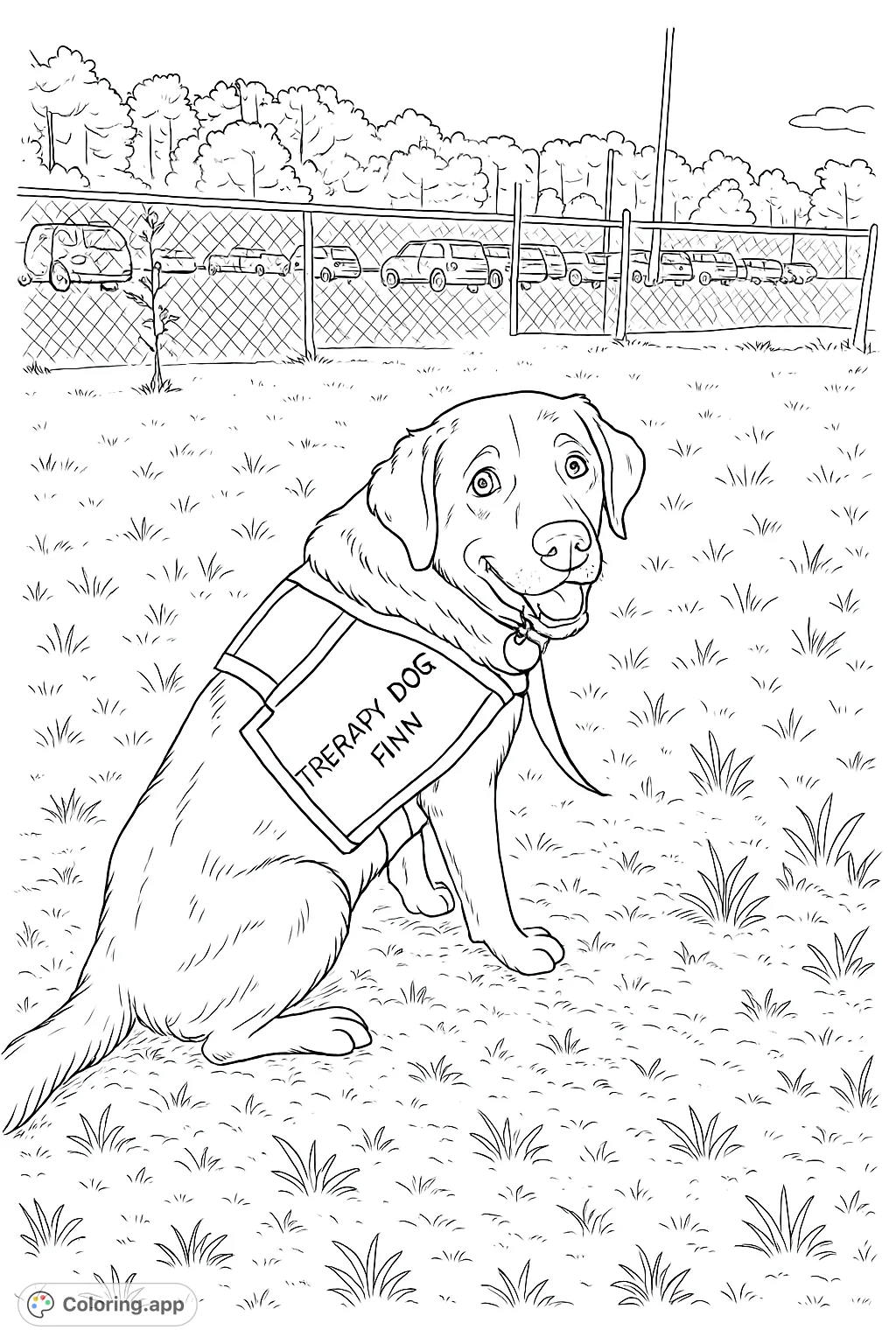 A charming therapy dog wearing a special vest, sitting patiently in a grassy outdoor setting, ready to bring comfort and joy.