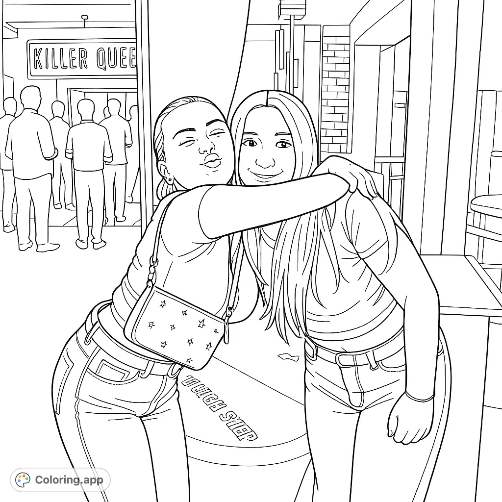 Two friends share a warm embrace in a lively venue, featuring detailed clothing, expressive faces, and a dynamic background with a dartboard.