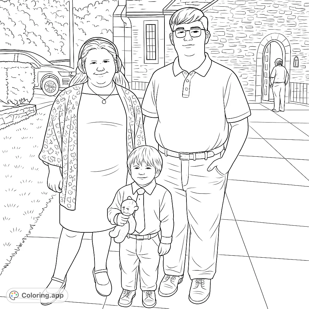 Capture a heartwarming family moment with this intricate coloring page featuring three figures and a detailed stone building background. Perfect for all ages!