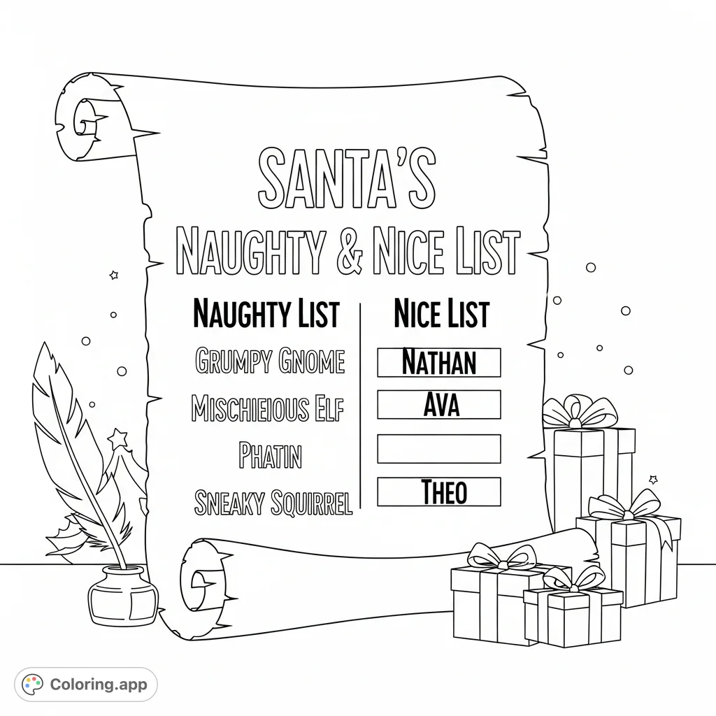 Discover Santa's iconic Naughty & Nice List! A festive scroll featuring specific names and playful elements, perfect for holiday coloring fun.