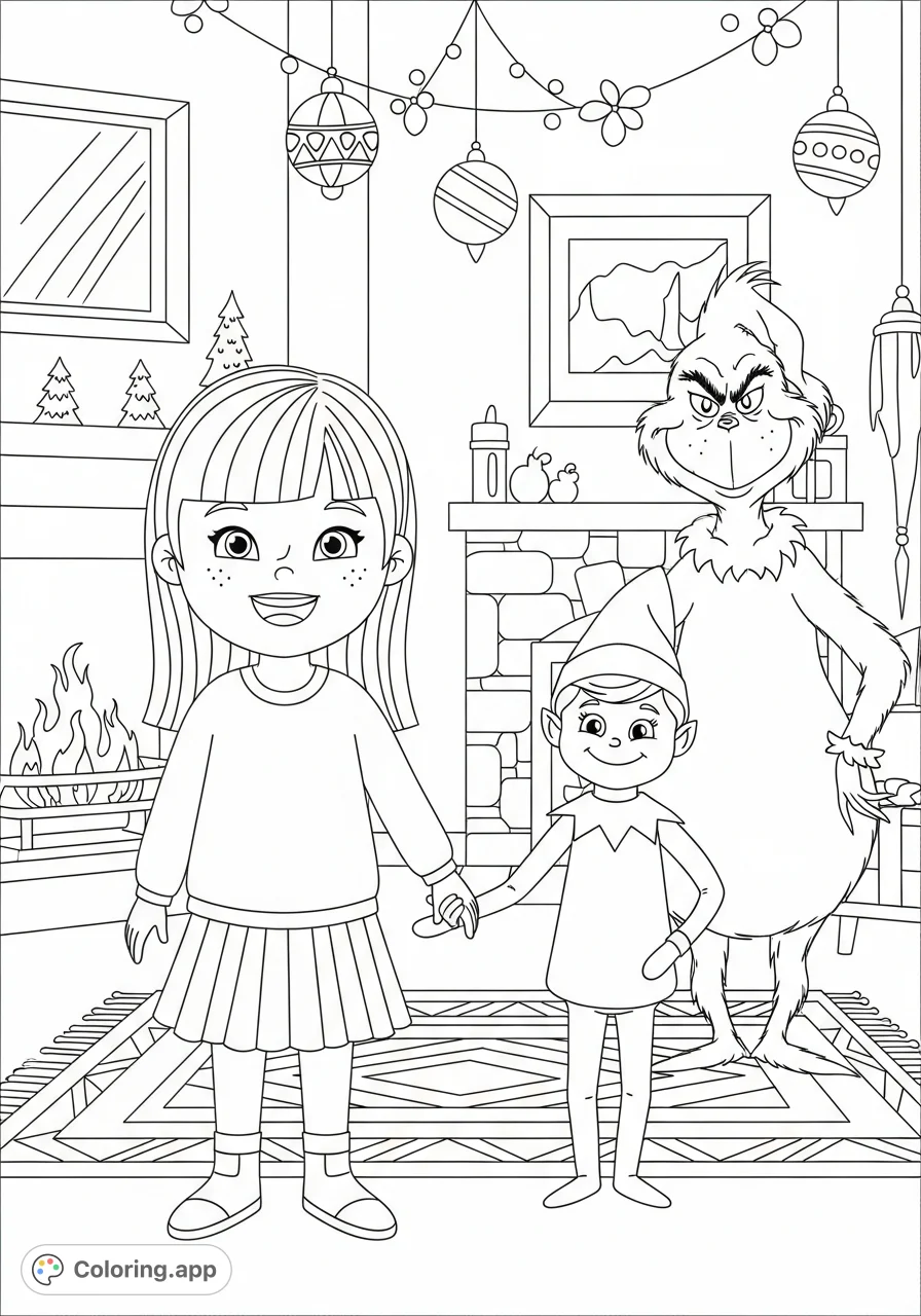 A festive scene featuring a girl, Elf on the Shelf, and The Grinch in a cozy interior. Perfect for holiday cheer and imaginative coloring!